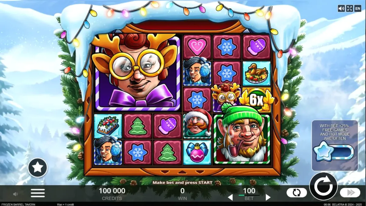 Frozen Barrel Tavern slot game interface with winter tavern theme