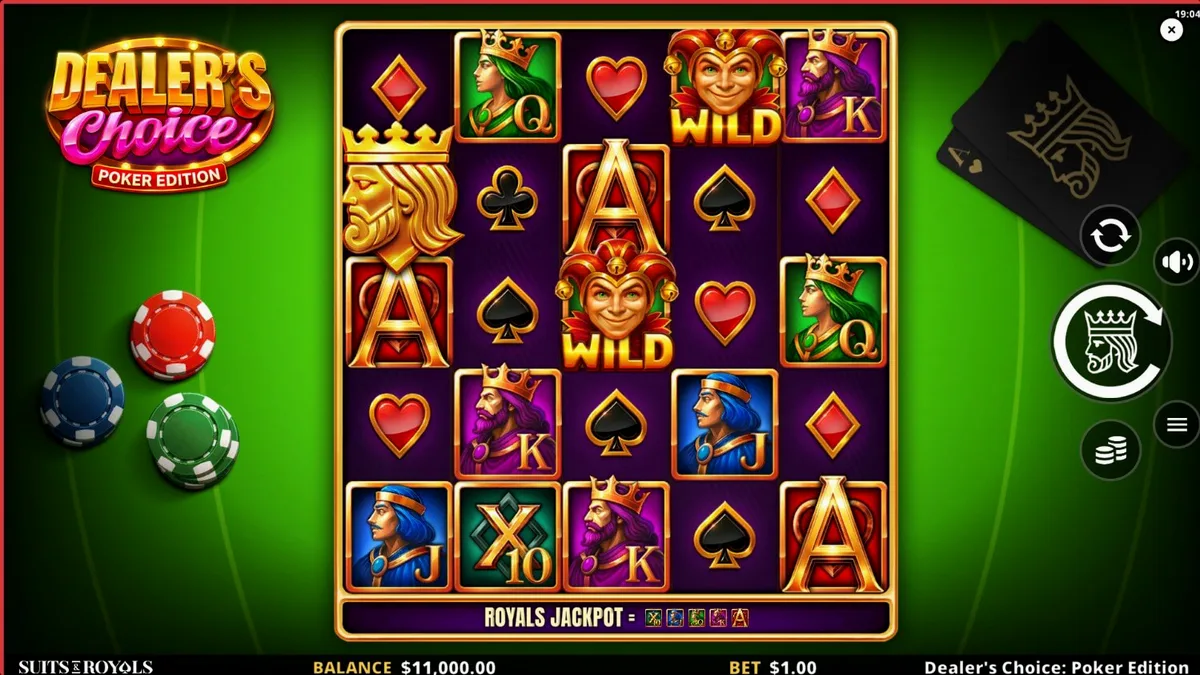 Tampilan visual slot Dealer’s Choice: Poker Edition dengan nuansa meja poker hijau dan kartu remi.