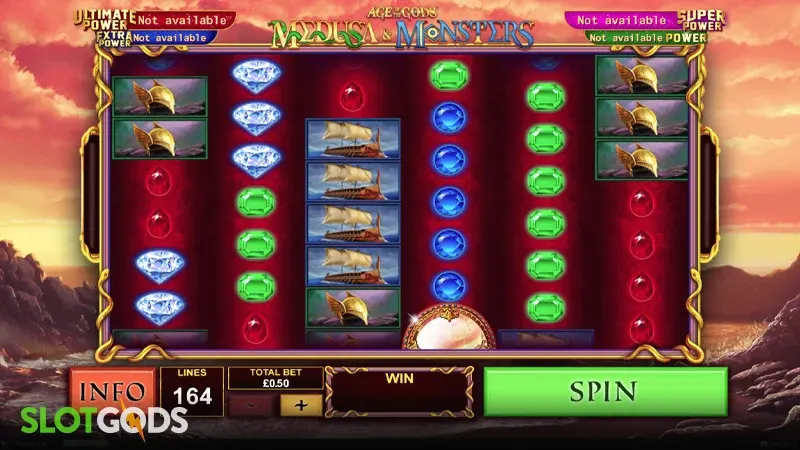 Tampilan antarmuka slot Age of the Gods Medusa & Monsters dengan simbol mitologi
