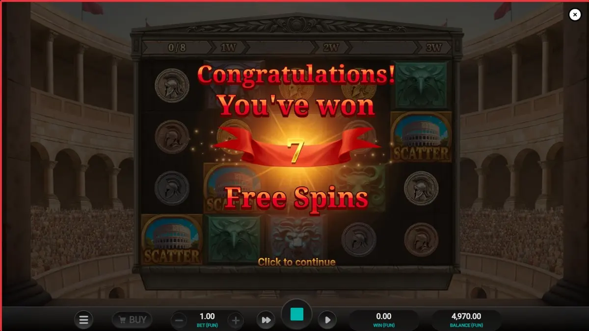 Tampilan visual slot Arena of Fortune dengan tema gladiator dan Colosseum
