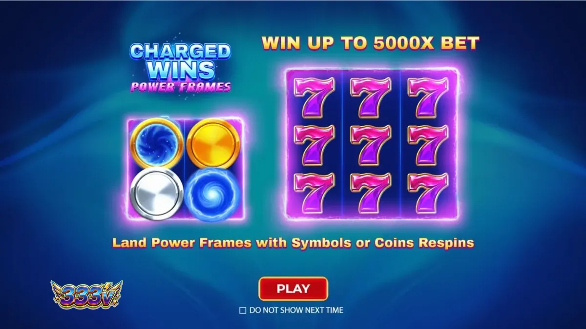 Tampilan visual neon dan simbol klasik dalam slot Charged Wins: Power Frames